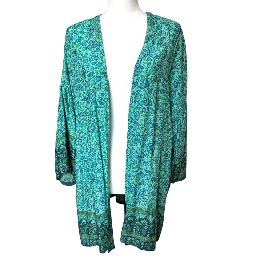 CUPCAKES AND CASHMERE Large Blue Floral Kimono Cardigan Swimwear Cover Up Boho